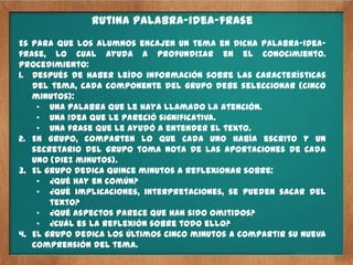 Rutina palabra-idea-frase
Es para que los alumnos encajen un tema en dicha palabra-idea-
frase, lo cual ayuda a profundizar en el conocimiento.
Procedimiento:
1. Después de haber leído información sobre las características
   del tema, cada componente del grupo debe seleccionar (cinco
   minutos):
    • Una palabra que le haya llamado la atención.
    • Una idea que le pareció significativa.
    • Una frase que le ayudó a entender el texto.
2. En grupo, comparten lo que cada uno había escrito y un
   secretario del grupo toma nota de las aportaciones de cada
   uno (diez minutos).
3. El grupo dedica quince minutos a reflexionar sobre:
    • ¿Qué hay en común?
    • ¿Qué implicaciones, interpretaciones, se pueden sacar del
       texto?
    • ¿Qué aspectos parece que han sido omitidos?
    • ¿cuál es la reflexión sobre todo ello?
4. El grupo dedica los últimos cinco minutos a compartir su nueva
   comprensión del tema.
 