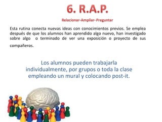 Esta rutina conecta nuevas ideas con conocimientos previos. Se emplea
después de que los alumnos han aprendido algo nuevo, han investigado
sobre algo o terminado de ver una exposición o proyecto de sus
compañeros.


               Los alumnos pueden trabajarla
        individualmente, por grupos o toda la clase
         empleando un mural y colocando post-it.
 