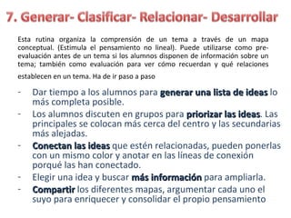Esta rutina organiza la comprensión de un tema a través de un mapa
conceptual. (Estimula el pensamiento no lineal). Puede utilizarse como pre-
evaluación antes de un tema si los alumnos disponen de información sobre un
tema; también como evaluación para ver cómo recuerdan y qué relaciones
establecen en un tema. Ha de ir paso a paso

-   Dar tiempo a los alumnos para generar una lista de ideas lo
    más completa posible.
-   Los alumnos discuten en grupos para priorizar las ideas. Las
                                                        ideas
    principales se colocan más cerca del centro y las secundarias
    más alejadas.
-   Conectan las ideas que estén relacionadas, pueden ponerlas
    con un mismo color y anotar en las líneas de conexión
    porqué las han conectado.
-   Elegir una idea y buscar más información para ampliarla.
-   Compartir los diferentes mapas, argumentar cada uno el
    suyo para enriquecer y consolidar el propio pensamiento
 