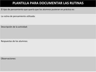 PLANTILLA PARA DOCUMENTAR LAS RUTINAS
El tipo de pensamiento que quería que los alumnos pusieran en práctica es:

La rutina de pensamiento utilizada:



Descripción de la actividad:




Respuestas de los alumnos:




Observaciones:
 