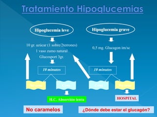 0,5 mg. Glucagon im/sc
10 minutos
Hipoglucemia leve Hipoglucemia grave
10 gr. azúcar (1 sobre/2terrones)
1 vaso zumo natural
Glucosport 3gr.
10 minutos
No cesa Cesa Cesa No cesa
HOSPITALH.C. Absorción lenta
No caramelos ¿Dónde debe estar el glucagón?
 