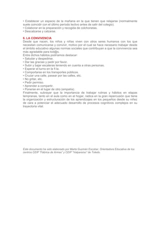 • Establecer un espacio de la mañana en la que tienen que relajarse (normalmente
suele coincidir con el último período lectivo antes de salir del colegio).
• Colaborar en la preparación y recogida de colchonetas.
• Descalzarse y calzarse.

6. LA CONVIVENCIA
Desde que nacen, los niños y niñas viven con otros seres humanos con los que
necesitan comunicarse y convivir, motivo por el cual se hace necesario trabajar desde
el ámbito educativo algunas normas sociales que contribuyan a que la convivencia sea
más agradable para tod@s.
Entre dichos hábitos podríamos destacar:
• Saludar y despedirse.
• Dar las gracias y pedir por favor.
• Subir y bajar escaleras teniendo en cuenta a otras personas.
• Esperar el turno en la fi la.
• Comportarse en los transportes públicos.
• Cruzar una calle, pasear por las calles, etc.
• No gritar, etc.
• Pedir permiso.
• Aprender a compartir.
• Ponerse en el lugar de otro (empatía).
Finalmente, subrayar que la importancia de trabajar rutinas y hábitos en etapas
tempranas, tanto en el aula como en el hogar, radica en la gran repercusión que tiene
la organización y estructuración de los aprendizajes en los pequeños desde su niñez
de cara a potenciar el adecuado desarrollo de procesos cognitivos complejos en su
trayectoria vital.




Este documento ha sido elaborado por Marta Guzmán Escobar, Orientadora Educativa de los
centros CEIP “Fábrica de Armas” y CEIP “Valparaíso” de Toledo.
 
