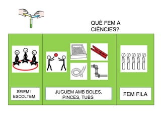 QUÈ FEM A
CIÈNCIES?
SEIEM I
ESCOLTEM FEM FILAJUGUEM AMB BOLES,
PINCES, TUBS
 