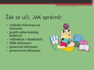 • vyhledat informace na
internetu
• použít online katalog
knihovny
• vyhledávat v databázích
• třídit informace
• zpracovat informace
• prezentovat informace
Žák se učí, JAK správně:
 