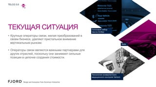 TELCO 3.0

ТЕКУЩАЯ СИТУАЦИЯ

Голосовой набор
текста OnStar

•  Крупные операторы связи, желая преобразований в
своем бизнесе, уделяют пристальное внимание
вертикальным рынкам.

Tesla

•  Операторы связи являются важными партнерами для
других отраслей, поскольку они занимают сильные
позиции в цепочке создания стоимости.

Технология конвергентного
медицинского контроля Verizon

 