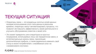 TELCO 3.0
Udacity + AT&T

ТЕКУЩАЯ СИТУАЦИЯ
•  Операторы связи — это владельцы золотых копей данных:
наладив использование этого типа данных в реальном
времени, операторы смогут автоматизировать процессы, что
позволит им повысить эффективность своей деятельности и
улучшить обслуживание клиентов в своей сети.
•  Это может превратить сети операторов из простых
посредников, используемых лишь как передаточное звено, в
интеллектуальные каналы связи, приносящие
дополнительную прибыль, а также радикально изменить свой
статус в жизни потребителей с «неизбежного зла» на
«незаменимого спутника».

AT&T My Digital Life

 