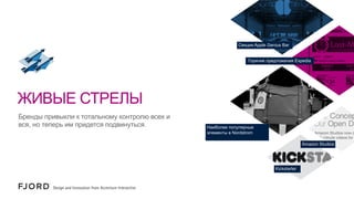 Секции Apple Genius Bar
Горячие предложения Expedia

ЖИВЫЕ СТРЕЛЫ
Бренды привыкли к тотальному контролю всех и
вся, но теперь им придется подвинуться.

Наиболее популярные
элементы в Nordstrom
Amazon Studios

Kickstarter

 