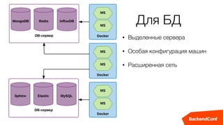 Для БД
• Выделенные сервера
• Особая конфигурация машин
• Расширенная сеть
 