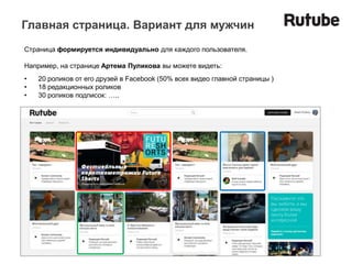 Главная страница. Вариант для мужчин
Страница формируется индивидуально для каждого пользователя.

Например, на странице Артема Пуликова вы можете видеть:
•   20 роликов от его друзей в Facebook (50% всех видео главной страницы )
•   18 редакционных роликов
•   30 роликов подписок: …..
 