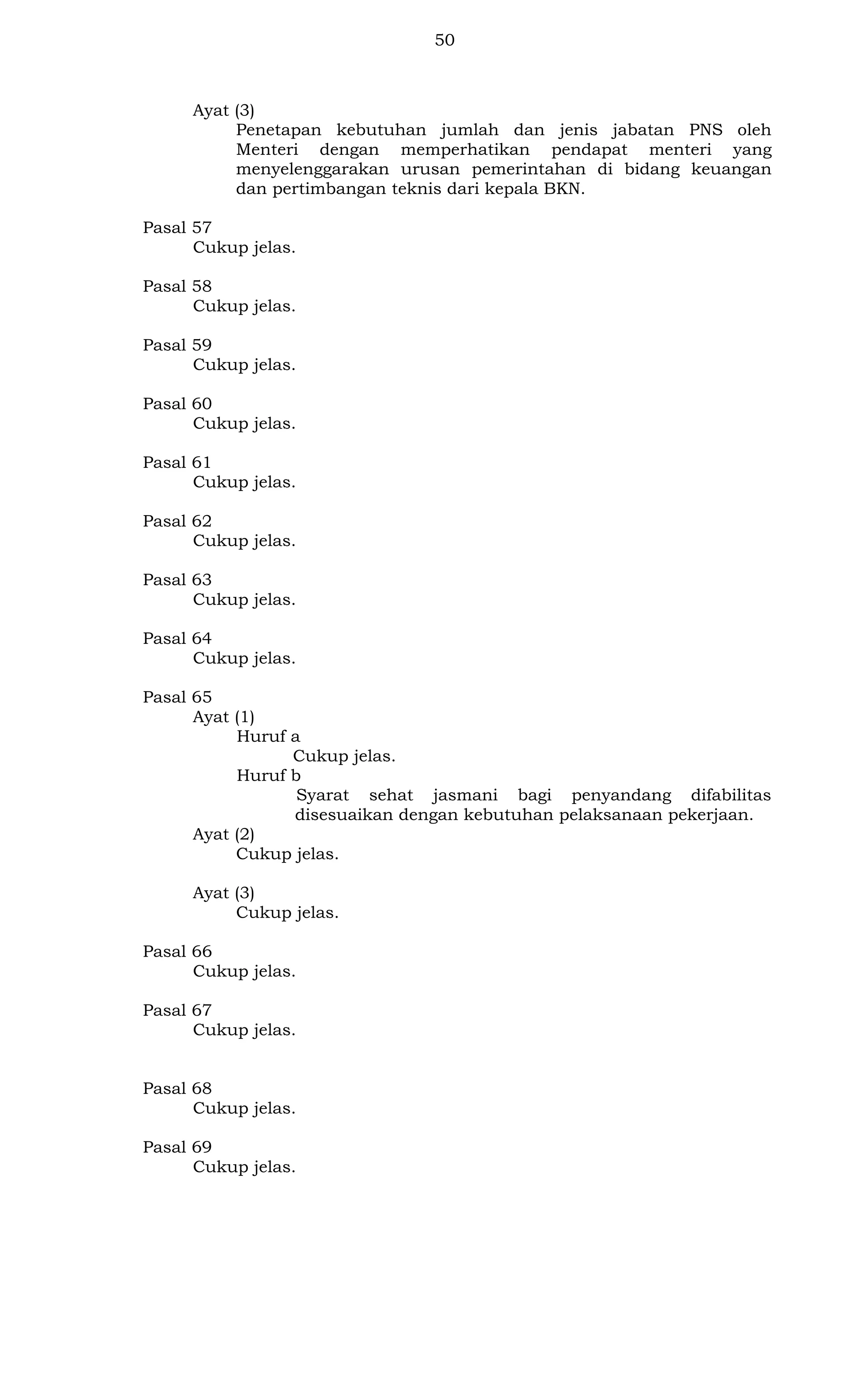 50

Ayat (3)
Penetapan kebutuhan jumlah dan jenis jabatan PNS oleh
Menteri dengan memperhatikan pendapat menteri yang
menyelenggarakan urusan pemerintahan di bidang keuangan
dan pertimbangan teknis dari kepala BKN.
Pasal 57
Cukup jelas.
Pasal 58
Cukup jelas.
Pasal 59
Cukup jelas.
Pasal 60
Cukup jelas.
Pasal 61
Cukup jelas.
Pasal 62
Cukup jelas.
Pasal 63
Cukup jelas.
Pasal 64
Cukup jelas.
Pasal 65
Ayat (1)
Huruf a
Cukup jelas.
Huruf b
Syarat sehat jasmani bagi penyandang difabilitas
disesuaikan dengan kebutuhan pelaksanaan pekerjaan.
Ayat (2)
Cukup jelas.
Ayat (3)
Cukup jelas.
Pasal 66
Cukup jelas.
Pasal 67
Cukup jelas.

Pasal 68
Cukup jelas.
Pasal 69
Cukup jelas.

 