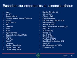 slide nr. 12
Based on our experiences at, amongst others:
• Agis
• B/CICT
• Belastingdienst
• Centraal Bureau voor de Statistiek
• Essent
• GGZ Drenthe
• IAK
• Kadaster
• Priva
• RDW
• Rijkswaterstaat
• Segment Interactieve Media
• Sigma
• TNT Post
• UMCG
• Wanadoo
• Barclays Bank (UK)
• Capital One (USA)
• Capital Group (USA)
• Daimler Chrysler (G)
• EriSoft (SW)
• Ericsson (SW)
• E-Quallity (Mex)
• Eurotel Ceský Telecom (CS)
• Hansabank (EST)
• Huawei (CHINA)
• Hypo Vereins Bank München (G)
• NATO (G)
• NDS Ltd (UK)
• Nokia (Fin)
• Novell (USA)
• PepsiCo (USA)
• Peoplesoft (USA)
• Royal Bank of Scotland (UK)
• Statoil (N)
• Sun Microsystems (USA)
• T-Systems (G)
• ……
 