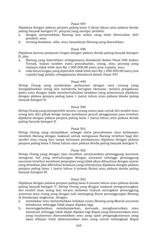 105
Pasal 497
Dipidana dengan pidana penjara paling lama 2 (dua) tahun atau pidana denda
paling banyak kategori IV, penjual yang menipu pembeli:
a. dengan menyerahkan Barang lain selain yang telah ditentukan oleh
pembeli; atau
b. tentang keadaan, sifat, atau banyaknya Barang yang diserahkan.
Pasal 498
Dipidana karena penipuan ringan dengan pidana denda paling banyak kategori
II, jika:
a. Barang yang diserahkan sebagaimana dimaksud dalam Pasal 496 bukan
Ternak, bukan sumber mata pencaharian, utang, atau piutang yang
nilainya tidak lebih dari Rp 1.000.000,00 (satu juta rupiah); atau
b. nilai keuntungan yang diperoleh tidak lebih dari Rp 1.000.000,00 (satu juta
rupiah) bagi pelaku sebagaimana dimaksud dalam Pasal 497.
Pasal 499
Setiap Orang yang melakukan perbuatan dengan cara curang yang
mengakibatkan orang lain menderita kerugian ekonomi, melalui pengakuan
palsu atau dengan tidak memberitahukan keadaan yang sebenarnya dipidana
dengan pidana penjara paling lama 1 (satu) tahun atau pidana denda paling
banyak kategori II.
Pasal 500
Setiap Orang yang memperoleh secara curang suatu jasa untuk diri sendiri atau
orang lain dari pihak ketiga tanpa membayar penuh penggunaan jasa tersebut
dipidana dengan pidana penjara paling lama 1 (satu) tahun atau pidana denda
paling banyak kategori II.
Pasal 501
Setiap Orang yang menjadikan sebagai mata pencaharian atau kebiasaan
membeli Barang dengan maksud untuk menguasai Barang tersebut bagi diri
sendiri atau orang lain tanpa melunasi pembayaran dipidana dengan pidana
penjara paling lama 5 (lima) tahun atau pidana denda paling banyak kategori V.
Pasal 502
Setiap Orang yang dengan tipu muslihat menyesatkan penanggung asuransi
mengenai hal yang berhubungan dengan asuransi sehingga penanggung
asuransi tersebut membuat perjanjian yang tidak akan dibuatnya dengan syarat
yang demikian jika diketahui keadaan yang sebenarnya dipidana dengan pidana
penjara paling lama 1 (satu) tahun 6 (enam) Bulan atau pidana denda paling
banyak kategori III.
Pasal 503
Dipidana dengan pidana penjara paling lama 6 (enam) tahun atau pidana denda
paling banyak kategori V, Setiap Orang yang dengan maksud menguntungkan
diri sendiri atau orang lain secara melawan hukum merugikan penanggung
asuransi atau orang yang dengan sah memegang Surat penanggungan Barang
di kendaraan angkutan, dengan:
a. membakar atau menyebabkan ledakan suatu Barang yang Masuk asuransi
kebakaran sehingga tidak dapat dipakai lagi;
b. menenggelamkan, mendamparkan, merusak, menghancurkan, atau
membuat sehingga tidak dapat dipakai lagi Kapal yang diasuransikan atau
yang muatannya diasuransikan atau yang upah pengangkutannya yang
akan dibayar telah diasuransikan atau yang untuk melengkapi Kapal
 