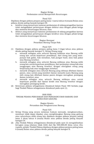 110
Bagian Ketiga
Perdamaian untuk Memperoleh Keuntungan
Pasal 523
Dipidana dengan pidana penjara paling lama 1 (satu) tahun 6 (enam) Bulan atau
pidana denda paling banyak kategori III:
a. kreditur yang menyetujui tawaran perdamaian di sidang pengadilan karena
telah mengadakan persetujuan dengan debitur atau dengan pihak ketiga
dan meminta keuntungan khusus; atau
b. debitur yang menyetujui tawaran perdamaian di sidang pengadilan karena
telah mengadakan persetujuan dengan kreditur atau dengan pihak ketiga
dan meminta keuntungan khusus.
Bagian Keempat
Penarikan Barang Tanpa Hak
Pasal 524
(1) Dipidana dengan pidana penjara paling lama 3 (tiga) tahun atau pidana
denda paling banyak kategori V, Setiap Orang yang:
a. menarik sebagian atau seluruh Barang miliknya atau Barang milik
orang lain untuk keperluan pemiliknya, dari orang lain yang mem-
punyai hak gadai, hak menahan, hak pungut hasil, atau hak pakai
atas Barang tersebut;
b. menarik sebagian atau seluruh Barang miliknya atau Barang milik
orang lain untuk keperluan pemiliknya, dari perjanjian utang hak atas
tanggungan atas Barang tersebut, dengan merugikan orang yang
berpiutang hak atas tanggungan tersebut;
c. menarik sebagian atau seluruh Barang yang olehnya dibebani ikatan
panen, atau untuk yang memberi ikatan menarik suatu Barang yang
oleh orang lain dibebani ikatan panen dengan merugikan pemegang
ikatan tersebut; atau
d. menarik sebagian atau seluruh Barang miliknya atau untuk
keperluan pemilik dari ikatan kredit atas Barang tersebut dengan
merugikan pemegang kredit.
(2) Ketentuan pidana sebagaimana dimaksud dalam Pasal 485 berlaku juga
bagi Tindak Pidana sebagaimana dimaksud pada ayat (1).
BAB XXIX
TINDAK PIDANA PERUSAKAN DAN PENGHANCURAN BARANG DAN
BANGUNAN GEDUNG
Bagian Kesatu
Perusakan dan Penghancuran Barang
Pasal 525
(1) Setiap Orang yang secara melawan hukum merusak, menghancurkan,
membuat tidak dapat dipakai, atau menghilangkan Barang yang gedung
atau seluruhnya milik orang lain dipidana dengan pidana penjara paling
lama 2 (dua) tahun 6 (enam) Bulan atau pidana denda paling banyak
kategori IV.
(2) Jika Tindak Pidana sebagaimana dimaksud pada ayat (1) mengakibatkan
kerugian yang nilainya tidak lebih dari Rp 500.000,00 (lima ratus ribu
rupiah), pelaku Tindak Pidana dipidana dengan pidana penjara paling lama
6 (enam) Bulan atau pidana denda paling banyak kategori II.
 