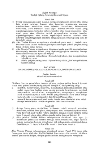 123
Bagian Keempat
Tindak Pidana Asuransi Pesawat Udara
Pasal 594
(1) Setiap Orang yang dengan maksud menguntungkan diri sendiri atau orang
lain secara melawan hukum atas kerugian penanggung asuransi
menimbulkan kebakaran atau ledakan, kecelakaan, kehancuran,
kerusakan, atau membuat tidak dapat dipakai Pesawat Udara yang
dipertanggungkan terhadap bahaya tersebut atau yang muatannya atau
upah yang akan diterima untuk pengangkutan muatan tersebut
dipertanggungkan, atau untuk kepentingan muatan tersebut telah
diterima uang tanggungan dipidana dengan pidana penjara paling lama 10
(sepuluh) tahun.
(2) Jika Tindak Pidana sebagaimana dimaksud pada ayat (1) terjadi pada
Pesawat Udara Dalam Penerbangan dipidana dengan pidana penjara paling
lama 15 (lima belas) tahun.
(3) Jika Tindak Pidana sebagaimana dimaksud pada ayat (1) mengakibatkan
Penumpang Pesawat Udara yang dipertanggungkan terhadap bahaya
mendapat kecelakaan dipidana dengan:
a. pidana penjara paling lama 12 (dua belas) tahun, jika mengakibatkan
Luka Berat; atau
b. pidana penjara paling lama 15 (lima belas) tahun, jika mengakibatkan
matinya orang.
BAB XXXIII
TINDAK PIDANA PENADAHAN, PENERBITAN, DAN PENCETAKAN
Bagian Kesatu
Tindak Pidana Penadahan
Pasal 595
Dipidana karena penadahan dengan pidana penjara paling lama 4 (empat)
tahun atau pidana denda paling banyak Kategori V, Setiap Orang yang:
a. membeli, menawarkan, menyewa, menukarkan, menerima jaminan atau
gadai, menerima hadiah atau untuk menarik keuntungan, menjual,
menyewakan, menukarkan, menggadaikan, mengangkut, menyimpan
atau menyembunyikan suatu benda yang diketahui atau patut diduga
bahwa benda tersebut diperoleh dari Tindak Pidana; atau
b. menarik keuntungan dari hasil suatu benda, yang diketahui atau patut
diduga bahwa benda tersebut diperoleh dari Tindak Pidana.
Pasal 596
(1) Setiap Orang yang menjadikan kebiasaan untuk membeli, menukar,
menerima jaminan atau gadai, menyimpan, atau menyembunyikan benda
yang diperoleh dari Tindak Pidana dipidana dengan pidana penjara paling
lama 6 (enam) tahun atau pidana denda paling banyak Kategori V.
(2) Jika pelaku Tindak Pidana sebagaimana dimaksud pada ayat (1)
melakukan perbuatan tersebut sebagai mata pencaharian, dapat dijatuhi
pidana tambahan berupa pencabutan hak sebagaimana dimaksud dalam
Pasal 86 ayat (1) huruf a, huruf b, huruf c, dan/atau huruf g.
Pasal 597
Jika Tindak Pidana sebagaimana dimaksud dalam Pasal 595 yang nilai
Barangnya tidak lebih dari Rp500.000,00 (lima ratus ribu rupiah), dipidana
karena penadahan ringan, dengan pidana denda paling banyak Kategori II.
 