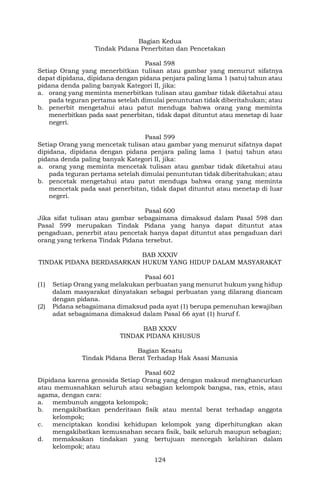 124
Bagian Kedua
Tindak Pidana Penerbitan dan Pencetakan
Pasal 598
Setiap Orang yang menerbitkan tulisan atau gambar yang menurut sifatnya
dapat dipidana, dipidana dengan pidana penjara paling lama 1 (satu) tahun atau
pidana denda paling banyak Kategori II, jika:
a. orang yang meminta menerbitkan tulisan atau gambar tidak diketahui atau
pada teguran pertama setelah dimulai penuntutan tidak diberitahukan; atau
b. penerbit mengetahui atau patut menduga bahwa orang yang meminta
menerbitkan pada saat penerbitan, tidak dapat dituntut atau menetap di luar
negeri.
Pasal 599
Setiap Orang yang mencetak tulisan atau gambar yang menurut sifatnya dapat
dipidana, dipidana dengan pidana penjara paling lama 1 (satu) tahun atau
pidana denda paling banyak Kategori II, jika:
a. orang yang meminta mencetak tulisan atau gambar tidak diketahui atau
pada teguran pertama setelah dimulai penuntutan tidak diberitahukan; atau
b. pencetak mengetahui atau patut menduga bahwa orang yang meminta
mencetak pada saat penerbitan, tidak dapat dituntut atau menetap di luar
negeri.
Pasal 600
Jika sifat tulisan atau gambar sebagaimana dimaksud dalam Pasal 598 dan
Pasal 599 merupakan Tindak Pidana yang hanya dapat dituntut atas
pengaduan, penerbit atau pencetak hanya dapat dituntut atas pengaduan dari
orang yang terkena Tindak Pidana tersebut.
BAB XXXIV
TINDAK PIDANA BERDASARKAN HUKUM YANG HIDUP DALAM MASYARAKAT
Pasal 601
(1) Setiap Orang yang melakukan perbuatan yang menurut hukum yang hidup
dalam masyarakat dinyatakan sebagai perbuatan yang dilarang diancam
dengan pidana.
(2) Pidana sebagaimana dimaksud pada ayat (1) berupa pemenuhan kewajiban
adat sebagaimana dimaksud dalam Pasal 66 ayat (1) huruf f.
BAB XXXV
TINDAK PIDANA KHUSUS
Bagian Kesatu
Tindak Pidana Berat Terhadap Hak Asasi Manusia
Pasal 602
Dipidana karena genosida Setiap Orang yang dengan maksud menghancurkan
atau memusnahkan seluruh atau sebagian kelompok bangsa, ras, etnis, atau
agama, dengan cara:
a. membunuh anggota kelompok;
b. mengakibatkan penderitaan fisik atau mental berat terhadap anggota
kelompok;
c. menciptakan kondisi kehidupan kelompok yang diperhitungkan akan
mengakibatkan kemusnahan secara fisik, baik seluruh maupun sebagian;
d. memaksakan tindakan yang bertujuan mencegah kelahiran dalam
kelompok; atau
 