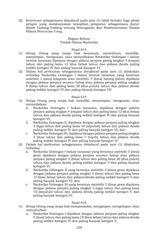 128
(2) Ketentuan sebagaimana dimaksud pada ayat (1) tidak berlaku bagi pihak
pelapor yang melaksanakan kewajiban pelaporan sebagaimana diatur
dalam Undang-Undang tentang Pencegahan dan Pemberantasan Tindak
Pidana Pencucian Uang.
Bagian Kelima
Tindak Pidana Narkotika
Pasal 614
(1) Setiap Orang yang tanpa hak menanam, memelihara, memiliki,
menyimpan, menguasai, atau menyediakan Narkotika Golongan I dalam
bentuk tanaman dipidana dengan pidana penjara paling singkat 4 (empat)
tahun dan paling lama 12 (dua belas) tahun dan pidana denda paling
sedikit kategori IV dan paling banyak kategori VI.
(2) Dalam hal perbuatan sebagaimana dimaksud pada ayat (1) dilakukan
terhadap Narkotika Golongan I dalam bentuk tanaman yang beratnya
melebihi 1 (satu) kilogram atau melebihi 5 (lima) batang pohon dipidana
dengan pidana penjara seumur hidup atau pidana penjara paling singkat
5 (lima) tahun dan paling lama 20 (dua puluh) tahun dan pidana denda
paling sedikit kategori VI dan paling banyak kategori VII.
Pasal 615
(1) Setiap Orang yang tanpa hak memiliki, menyimpan, menguasai, atau
menyediakan:
a. Narkotika Golongan I bukan tanaman, dipidana dengan pidana
penjara paling singkat 4 (empat) tahun dan paling lama 12 (dua belas)
tahun dan pidana denda paling sedikit kategori IV dan paling banyak
kategori VI;
b. Narkotika Golongan II, dipidana dengan pidana penjara paling singkat
3 (tiga) tahun dan paling lama 10 (sepuluh) tahun dan pidana denda
paling sedikit kategori IV dan paling banyak kategori VI; dan
c. Narkotika Golongan III, dipidana dengan pidana penjara paling singkat
2 (dua) tahun dan paling lama 7 (tujuh) tahun dan pidana denda
paling sedikit kategori IV dan paling banyak kategori VI.
(2) Dalam hal perbuatan sebagaimana dimaksud pada ayat (1) dilakukan
terhadap:
a. Narkotika Golongan I bukan tanaman yang beratnya melebihi 5 (lima)
gram dipidana dengan pidana penjara seumur hidup atau pidana
penjara paling singkat 5 (lima) tahun dan paling lama 20 (dua puluh)
tahun dan pidana denda paling sedikit kategori V dan paling banyak
kategori VI;
b. Narkotika Golongan II yang beratnya melebihi 5 (lima) gram dipidana
dengan pidana penjara paling singkat 5 (lima) tahun dan paling lama
15 (lima belas) tahun dan pidana denda paling sedikit kategori V dan
paling banyak kategori VI; dan
c. Narkotika Golongan III yang beratnya melebihi 5 (lima) gram dipidana
dengan pidana penjara paling singkat 3 (tiga) tahun dan paling lama
10 (sepuluh) tahun dan pidana denda paling sedikit kategori V dan
paling banyak kategori VI.
Pasal 616
(1) Setiap Orang yang tanpa hak memproduksi, mengimpor, mengekspor, atau
menyalurkan:
a. Narkotika Golongan I dipidana dengan pidana penjara paling singkat
5 (lima) tahun dan paling lama 15 (lima belas) tahun dan pidana denda
paling sedikit kategori IV dan paling banyak kategori V;
 