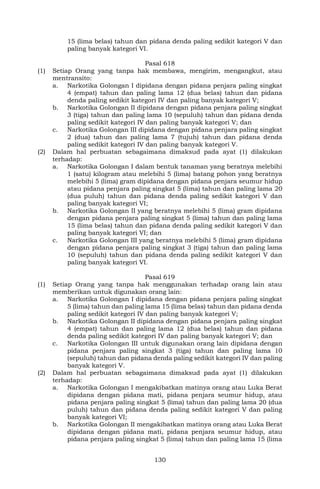 130
15 (lima belas) tahun dan pidana denda paling sedikit kategori V dan
paling banyak kategori VI.
Pasal 618
(1) Setiap Orang yang tanpa hak membawa, mengirim, mengangkut, atau
mentransito:
a. Narkotika Golongan I dipidana dengan pidana penjara paling singkat
4 (empat) tahun dan paling lama 12 (dua belas) tahun dan pidana
denda paling sedikit kategori IV dan paling banyak kategori V;
b. Narkotika Golongan II dipidana dengan pidana penjara paling singkat
3 (tiga) tahun dan paling lama 10 (sepuluh) tahun dan pidana denda
paling sedikit kategori IV dan paling banyak kategori V; dan
c. Narkotika Golongan III dipidana dengan pidana penjara paling singkat
2 (dua) tahun dan paling lama 7 (tujuh) tahun dan pidana denda
paling sedikit kategori IV dan paling banyak kategori V.
(2) Dalam hal perbuatan sebagaimana dimaksud pada ayat (1) dilakukan
terhadap:
a. Narkotika Golongan I dalam bentuk tanaman yang beratnya melebihi
1 (satu) kilogram atau melebihi 5 (lima) batang pohon yang beratnya
melebihi 5 (lima) gram dipidana dengan pidana penjara seumur hidup
atau pidana penjara paling singkat 5 (lima) tahun dan paling lama 20
(dua puluh) tahun dan pidana denda paling sedikit kategori V dan
paling banyak kategori VI;
b. Narkotika Golongan II yang beratnya melebihi 5 (lima) gram dipidana
dengan pidana penjara paling singkat 5 (lima) tahun dan paling lama
15 (lima belas) tahun dan pidana denda paling sedikit kategori V dan
paling banyak kategori VI; dan
c. Narkotika Golongan III yang beratnya melebihi 5 (lima) gram dipidana
dengan pidana penjara paling singkat 3 (tiga) tahun dan paling lama
10 (sepuluh) tahun dan pidana denda paling sedikit kategori V dan
paling banyak kategori VI.
Pasal 619
(1) Setiap Orang yang tanpa hak menggunakan terhadap orang lain atau
memberikan untuk digunakan orang lain:
a. Narkotika Golongan I dipidana dengan pidana penjara paling singkat
5 (lima) tahun dan paling lama 15 (lima belas) tahun dan pidana denda
paling sedikit kategori IV dan paling banyak kategori V;
b. Narkotika Golongan II dipidana dengan pidana penjara paling singkat
4 (empat) tahun dan paling lama 12 (dua belas) tahun dan pidana
denda paling sedikit kategori IV dan paling banyak kategori V; dan
c. Narkotika Golongan III untuk digunakan orang lain dipidana dengan
pidana penjara paling singkat 3 (tiga) tahun dan paling lama 10
(sepuluh) tahun dan pidana denda paling sedikit kategori IV dan paling
banyak kategori V.
(2) Dalam hal perbuatan sebagaimana dimaksud pada ayat (1) dilakukan
terhadap:
a. Narkotika Golongan I mengakibatkan matinya orang atau Luka Berat
dipidana dengan pidana mati, pidana penjara seumur hidup, atau
pidana penjara paling singkat 5 (lima) tahun dan paling lama 20 (dua
puluh) tahun dan pidana denda paling sedikit kategori V dan paling
banyak kategori VI;
b. Narkotika Golongan II mengakibatkan matinya orang atau Luka Berat
dipidana dengan pidana mati, pidana penjara seumur hidup, atau
pidana penjara paling singkat 5 (lima) tahun dan paling lama 15 (lima
 