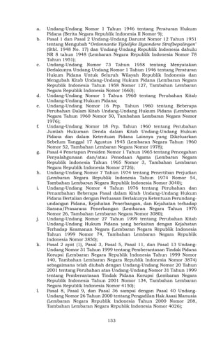 133
a. Undang-Undang Nomor 1 Tahun 1946 tentang Peraturan Hukum
Pidana (Berita Negara Republik Indonesia II Nomor 9);
b. Pasal 1 dan Pasal 2 Undang-Undang Darurat Nomor 12 Tahun 1951
tentang Mengubah “Ordonnantie Tijdelijke Byzondere Strafbepalingen"
(Stbl. 1948 No. 17) dan Undang-Undang Republik Indonesia dahulu
NR 8 tahun 1948 (Lembaran Negara Republik Indonesia Nomor 78
Tahun 1951);
c. Undang-Undang Nomor 73 Tahun 1958 tentang Menyatakan
Berlakunya Undang-Undang Nomor 1 Tahun 1946 tentang Peraturan
Hukum Pidana Untuk Seluruh Wilayah Republik Indonesia dan
Mengubah Kitab Undang-Undang Hukum Pidana (Lembaran Negara
Republik Indonesia Tahun 1958 Nomor 127, Tambahan Lembaran
Negara Republik Indonesia Nomor 1660);
d. Undang-Undang Nomor 1 Tahun 1960 tentang Perubahan Kitab
Undang-Undang Hukum Pidana;
e. Undang-Undang Nomor 16 Prp. Tahun 1960 tentang Beberapa
Perubahan Dalam Kitab Undang-Undang Hukum Pidana (Lembaran
Negara Tahun 1960 Nomor 50, Tambahan Lembaran Negara Nomor
1976);
f. Undang-Undang Nomor 18 Prp. Tahun 1960 tentang Perubahan
Jumlah Hukuman Denda dalam Kitab Undang-Undang Hukum
Pidana dan dalam Ketentuan Pidana Lainnya yang Dikeluarkan
Sebelum Tanggal 17 Agustus 1945 (Lembaran Negara Tahun 1960
Nomor 52, Tambahan Lembaran Negara Nomor 1978);
g. Pasal 4 Penetapan Presiden Nomor 1 Tahun 1965 tentang Pencegahan
Penyalahgunaan dan/atau Penodaan Agama (Lembaran Negara
Republik Indonesia Tahun 1965 Nomor 3, Tambahan Lembaran
Negara Republik Indonesia Nomor 2726);
h. Undang-Undang Nomor 7 Tahun 1974 tentang Penertiban Perjudian
(Lembaran Negara Republik Indonesia Tahun 1974 Nomor 54,
Tambahan Lembaran Negara Republik Indonesia Nomor 3040);
i. Undang-Undang Nomor 4 Tahun 1976 tentang Perubahan dan
Penambahan Beberapa Pasal dalam Kitab Undang-Undang Hukum
Pidana Bertalian dengan Perluasan Berlakunya Ketentuan Perundang-
undangan Pidana, Kejahatan Penerbangan, dan Kejahatan terhadap
Sarana/Prasarana Penerbangan (Lembaran Negara Tahun 1976
Nomor 26, Tambahan Lembaran Negara Nomor 3080);
j. Undang-Undang Nomor 27 Tahun 1999 tentang Perubahan Kitab
Undang-Undang Hukum Pidana yang berkaitan dengan Kejahatan
Terhadap Keamanan Negara (Lembaran Negara Republik Indonesia
Tahun 1999 Nomor 74, Tambahan Lembaran Negara Republik
Indonesia Nomor 3850);
k. Pasal 2 ayat (1), Pasal 3, Pasal 5, Pasal 11, dan Pasal 13 Undang-
Undang Nomor 31 Tahun 1999 tentang Pemberantasan Tindak Pidana
Korupsi (Lembaran Negara Republik Indonesia Tahun 1999 Nomor
140, Tambahan Lembaran Negara Republik Indonesia Nomor 3874)
sebagaimana telah diubah dengan Undang-Undang Nomor 20 Tahun
2001 tentang Perubahan atas Undang-Undang Nomor 31 Tahun 1999
tentang Pemberantasan Tindak Pidana Korupsi (Lembaran Negara
Republik Indonesia Tahun 2001 Nomor 134, Tambahan Lembaran
Negara Republik Indonesia Nomor 4150);
l. Pasal 8, Pasal 9, dan Pasal 36 sampai dengan Pasal 40 Undang-
Undang Nomor 26 Tahun 2000 tentang Pengadilan Hak Asasi Manusia
(Lembaran Negara Republik Indonesia Tahun 2000 Nomor 208,
Tambahan Lembaran Negara Republik Indonesia Nomor 4026);
 