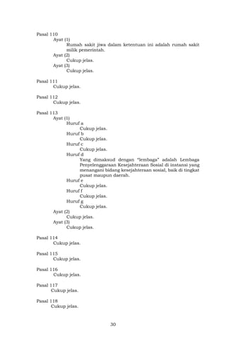 30
Pasal 110
Ayat (1)
Rumah sakit jiwa dalam ketentuan ini adalah rumah sakit
milik pemerintah.
Ayat (2)
Cukup jelas.
Ayat (3)
Cukup jelas.
Pasal 111
Cukup jelas.
Pasal 112
Cukup jelas.
Pasal 113
Ayat (1)
Huruf a
Cukup jelas.
Huruf b
Cukup jelas.
Huruf c
Cukup jelas.
Huruf d
Yang dimaksud dengan “lembaga” adalah Lembaga
Penyelenggaraan Kesejahteraan Sosial di instansi yang
menangani bidang kesejahteraan sosial, baik di tingkat
pusat maupun daerah.
Huruf e
Cukup jelas.
Huruf f
Cukup jelas.
Huruf g
Cukup jelas.
Ayat (2)
Cukup jelas.
Ayat (3)
Cukup jelas.
Pasal 114
Cukup jelas.
Pasal 115
Cukup jelas.
Pasal 116
Cukup jelas.
Pasal 117
Cukup jelas.
Pasal 118
Cukup jelas.
 