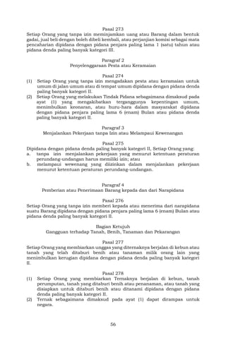 56
Pasal 273
Setiap Orang yang tanpa izin meminjamkan uang atau Barang dalam bentuk
gadai, jual beli dengan boleh dibeli kembali, atau perjanjian komisi sebagai mata
pencaharian dipidana dengan pidana penjara paling lama 1 (satu) tahun atau
pidana denda paling banyak kategori III.
Paragraf 2
Penyelenggaraan Pesta atau Keramaian
Pasal 274
(1) Setiap Orang yang tanpa izin mengadakan pesta atau keramaian untuk
umum di jalan umum atau di tempat umum dipidana dengan pidana denda
paling banyak kategori II.
(2) Setiap Orang yang melakukan Tindak Pidana sebagaimana dimaksud pada
ayat (1) yang mengakibatkan terganggunya kepentingan umum,
menimbulkan keonaran, atau huru-hara dalam masyarakat dipidana
dengan pidana penjara paling lama 6 (enam) Bulan atau pidana denda
paling banyak kategori II.
Paragraf 3
Menjalankan Pekerjaan tanpa Izin atau Melampaui Kewenangan
Pasal 275
Dipidana dengan pidana denda paling banyak kategori II, Setiap Orang yang:
a. tanpa izin menjalankan pekerjaan yang menurut ketentuan peraturan
perundang-undangan harus memiliki izin; atau
b. melampaui wewenang yang diizinkan dalam menjalankan pekerjaan
menurut ketentuan peraturan perundang-undangan.
Paragraf 4
Pemberian atau Penerimaan Barang kepada dan dari Narapidana
Pasal 276
Setiap Orang yang tanpa izin memberi kepada atau menerima dari narapidana
suatu Barang dipidana dengan pidana penjara paling lama 6 (enam) Bulan atau
pidana denda paling banyak kategori II.
Bagian Ketujuh
Gangguan terhadap Tanah, Benih, Tanaman dan Pekarangan
Pasal 277
Setiap Orang yang membiarkan unggas yang diternaknya berjalan di kebun atau
tanah yang telah ditaburi benih atau tanaman milik orang lain yang
menimbulkan kerugian dipidana dengan pidana denda paling banyak kategori
II.
Pasal 278
(1) Setiap Orang yang membiarkan Ternaknya berjalan di kebun, tanah
perumputan, tanah yang ditaburi benih atau penanaman, atau tanah yang
disiapkan untuk ditaburi benih atau ditanami dipidana dengan pidana
denda paling banyak kategori II.
(2) Ternak sebagaimana dimaksud pada ayat (1) dapat dirampas untuk
negara.
 
