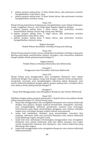 68
b. pidana penjara paling lama 12 (dua belas) tahun, jika perbuatan tersebut
mengakibatkan Luka Berat; atau
c. pidana penjara paling lama 15 (lima belas) tahun, jika perbuatan tersebut
mengakibatkan matinya orang.
Pasal 332
Setiap Orang yang karena kealpaannya mengakibatkan suatu Kapal terdampar,
rusak, tenggelam, hancur, atau tidak dapat dipakai dipidana dengan:
a. pidana penjara paling lama 2 (dua) tahun, jika perbuatan tersebut
menimbulkan bahaya umum bagi orang atau Barang;
b. pidana penjara paling lama 3 (tiga) tahun, jika perbuatan tersebut
mengakibatkan Luka Berat; atau
c. pidana penjara paling lama 5 (lima) tahun, jika perbuatan tersebut
mengakibatkan matinya orang.
Bagian Keempat
Tindak Pidana Kenakalan terhadap Orang atau Barang
Pasal 333
Setiap Orang yang di tempat umum melakukan kenakalan terhadap orang atau
Barang yang dapat menimbulkan bahaya, kerugian, atau kesusahan dipidana
dengan pidana denda paling banyak kategori II.
Bagian Kelima
Tindak Pidana terhadap Informatika dan Elektronika
Paragraf 1
Penggunaan dan Perusakan Informasi Elektronik
Pasal 334
Setiap Orang yang menggunakan atau mengakses Komputer atau sistem
elektronik dengan cara apapun tanpa hak dengan maksud untuk memperoleh,
mengubah, merusak, atau menghilangkan informasi dalam Komputer atau
sistem elektronik dipidana dengan pidana penjara paling lama 4 (empat) tahun
atau pidana denda paling banyak kategori V.
Paragraf 2
Tanpa Hak Menggunakan atau Mengakses Komputer dan Sistem Elektronik
Pasal 335
Dipidana dengan pidana penjara paling lama 7 (tujuh) tahun atau pidana denda
paling banyak kategori VI, Setiap Orang yang:
a. tanpa hak menggunakan atau mengakses Komputer atau sistem elektronik
dengan cara apapun, dengan maksud memperoleh, mengubah, merusak,
atau menghilangkan informasi pertahanan nasional atau hubungan
internasional yang dapat menyebabkan gangguan atau bahaya terhadap
negara atau hubungan dengan subjek hukum internasional;
b. tanpa hak melakukan tindakan yang menyebabkan transmisi dari
program, informasi, kode atau perintah Komputer atau sistem elektronik
yang dilindungi negara menjadi rusak;
c. tanpa hak atau melampaui wewenangnya menggunakan atau mengakses
Komputer atau sistem elektronik, baik dari dalam maupun luar negeri
untuk memperoleh informasi dari Komputer atau sistem elektronik yang
dilindungi oleh negara;
d. tanpa hak menggunakan atau mengakses Komputer atau sistem elektronik
milik pemerintah;
 