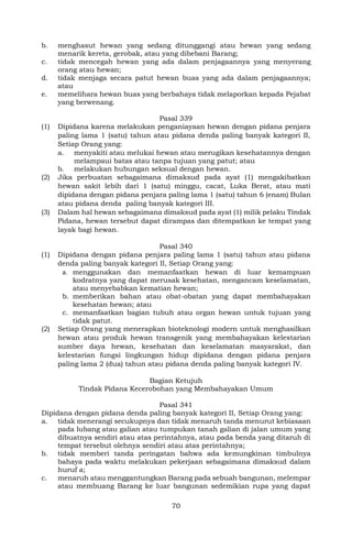 70
b. menghasut hewan yang sedang ditunggangi atau hewan yang sedang
menarik kereta, gerobak, atau yang dibebani Barang;
c. tidak mencegah hewan yang ada dalam penjagaannya yang menyerang
orang atau hewan;
d. tidak menjaga secara patut hewan buas yang ada dalam penjagaannya;
atau
e. memelihara hewan buas yang berbahaya tidak melaporkan kepada Pejabat
yang berwenang.
Pasal 339
(1) Dipidana karena melakukan penganiayaan hewan dengan pidana penjara
paling lama 1 (satu) tahun atau pidana denda paling banyak kategori II,
Setiap Orang yang:
a. menyakiti atau melukai hewan atau merugikan kesehatannya dengan
melampaui batas atau tanpa tujuan yang patut; atau
b. melakukan hubungan seksual dengan hewan.
(2) Jika perbuatan sebagaimana dimaksud pada ayat (1) mengakibatkan
hewan sakit lebih dari 1 (satu) minggu, cacat, Luka Berat, atau mati
dipidana dengan pidana penjara paling lama 1 (satu) tahun 6 (enam) Bulan
atau pidana denda paling banyak kategori III.
(3) Dalam hal hewan sebagaimana dimaksud pada ayat (1) milik pelaku Tindak
Pidana, hewan tersebut dapat dirampas dan ditempatkan ke tempat yang
layak bagi hewan.
Pasal 340
(1) Dipidana dengan pidana penjara paling lama 1 (satu) tahun atau pidana
denda paling banyak kategori II, Setiap Orang yang:
a. menggunakan dan memanfaatkan hewan di luar kemampuan
kodratnya yang dapat merusak kesehatan, mengancam keselamatan,
atau menyebabkan kematian hewan;
b. memberikan bahan atau obat-obatan yang dapat membahayakan
kesehatan hewan; atau
c. memanfaatkan bagian tubuh atau organ hewan untuk tujuan yang
tidak patut.
(2) Setiap Orang yang menerapkan bioteknologi modern untuk menghasilkan
hewan atau produk hewan transgenik yang membahayakan kelestarian
sumber daya hewan, kesehatan dan keselamatan masyarakat, dan
kelestarian fungsi lingkungan hidup dipidana dengan pidana penjara
paling lama 2 (dua) tahun atau pidana denda paling banyak kategori IV.
Bagian Ketujuh
Tindak Pidana Kecerobohan yang Membahayakan Umum
Pasal 341
Dipidana dengan pidana denda paling banyak kategori II, Setiap Orang yang:
a. tidak menerangi secukupnya dan tidak menaruh tanda menurut kebiasaan
pada lubang atau galian atau tumpukan tanah galian di jalan umum yang
dibuatnya sendiri atau atas perintahnya, atau pada benda yang ditaruh di
tempat tersebut olehnya sendiri atau atas perintahnya;
b. tidak memberi tanda peringatan bahwa ada kemungkinan timbulnya
bahaya pada waktu melakukan pekerjaan sebagaimana dimaksud dalam
huruf a;
c. menaruh atau menggantungkan Barang pada sebuah bangunan, melempar
atau membuang Barang ke luar bangunan sedemikian rupa yang dapat
 