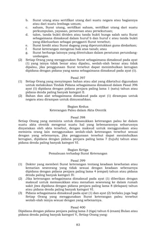 83
b. Surat utang atau sertifikat utang dari suatu negara atau bagiannya
atau dari suatu lembaga umum;
c. saham, Surat utang, sertifikat saham, sertifikat utang dari suatu
perkumpulan, yayasan, perseroan atau persekutuan;
d. talon, tanda bukti dividen atau tanda bukti bunga salah satu Surat
sebagaimana dimaksud dalam huruf b dan huruf c atau tanda bukti
yang dikeluarkan sebagai pengganti Surat tersebut;
e. Surat kredit atau Surat dagang yang diperuntukkan guna diedarkan;
f. Surat keterangan mengenai hak atas tanah; atau
g. Surat berharga lainnya yang ditentukan dalam peraturan perundang-
undangan.
(2) Setiap Orang yang menggunakan Surat sebagaimana dimaksud pada ayat
(1) yang isinya tidak benar atau dipalsu, seolah-olah benar atau tidak
dipalsu, jika penggunaan Surat tersebut dapat menimbulkan kerugian
dipidana dengan pidana yang sama sebagaimana dimaksud pada ayat (1).
Pasal 397
(1) Setiap Orang yang menyimpan bahan atau alat yang diketahui digunakan
untuk melakukan Tindak Pidana sebagaimana dimaksud dalam Pasal 396
ayat (1) dipidana dengan pidana penjara paling lama 1 (satu) tahun atau
pidana denda paling banyak kategori II.
(2) Bahan dan alat sebagaimana dimaksud pada ayat (1) dirampas untuk
negara atau dirampas untuk dimusnahkan.
Bagian Kedua
Keterangan Palsu dalam Akta Otentik
Pasal 398
Setiap Orang yang meminta untuk dimasukkan keterangan palsu ke dalam
suatu akta otentik mengenai suatu hal yang kebenarannya seharusnya
dinyatakan oleh akta tersebut, dengan maksud untuk menggunakan atau
meminta orang lain menggunakan seolah-olah keterangan tersebut sesuai
dengan yang sebenarnya, jika penggunaan tersebut dapat menimbulkan
kerugian, dipidana dengan pidana penjara paling lama 7 (tujuh) tahun atau
pidana denda paling banyak kategori VI.
Bagian Ketiga
Pemalsuan terhadap Surat Keterangan
Pasal 399
(1) Dokter yang memberi Surat keterangan tentang keadaan kesehatan atau
kematian seseorang yang tidak sesuai dengan keadaan sebenarnya
dipidana dengan pidana penjara paling lama 4 (empat) tahun atau pidana
denda paling banyak kategori IV.
(2) Jika keterangan sebagaimana dimaksud pada ayat (1) diberikan dengan
maksud untuk memasukkan atau menahan seseorang ke dalam rumah
sakit jiwa dipidana dengan pidana penjara paling lama 8 (delapan) tahun
atau pidana denda paling banyak kategori VI.
(3) Pidana sebagaimana dimaksud pada ayat (1) dan ayat (2) berlaku juga bagi
Setiap Orang yang menggunakan Surat keterangan palsu tersebut
seolah-olah isinya sesuai dengan yang sebenarnya.
Pasal 400
Dipidana dengan pidana penjara paling lama 3 (tiga) tahun 6 (enam) Bulan atau
pidana denda paling banyak kategori V, Setiap Orang yang:
 
