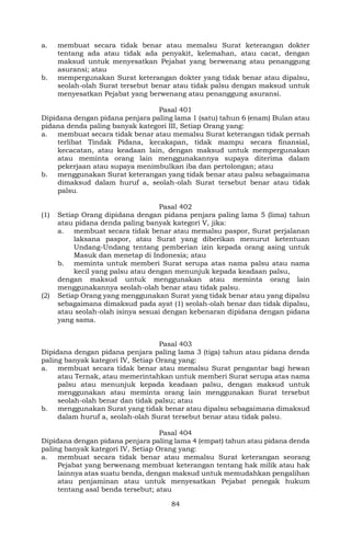 84
a. membuat secara tidak benar atau memalsu Surat keterangan dokter
tentang ada atau tidak ada penyakit, kelemahan, atau cacat, dengan
maksud untuk menyesatkan Pejabat yang berwenang atau penanggung
asuransi; atau
b. mempergunakan Surat keterangan dokter yang tidak benar atau dipalsu,
seolah-olah Surat tersebut benar atau tidak palsu dengan maksud untuk
menyesatkan Pejabat yang berwenang atau penanggung asuransi.
Pasal 401
Dipidana dengan pidana penjara paling lama 1 (satu) tahun 6 (enam) Bulan atau
pidana denda paling banyak kategori III, Setiap Orang yang:
a. membuat secara tidak benar atau memalsu Surat keterangan tidak pernah
terlibat Tindak Pidana, kecakapan, tidak mampu secara finansial,
kecacatan, atau keadaan lain, dengan maksud untuk mempergunakan
atau meminta orang lain menggunakannya supaya diterima dalam
pekerjaan atau supaya menimbulkan iba dan pertolongan; atau
b. menggunakan Surat keterangan yang tidak benar atau palsu sebagaimana
dimaksud dalam huruf a, seolah-olah Surat tersebut benar atau tidak
palsu.
Pasal 402
(1) Setiap Orang dipidana dengan pidana penjara paling lama 5 (lima) tahun
atau pidana denda paling banyak kategori V, jika:
a. membuat secara tidak benar atau memalsu paspor, Surat perjalanan
laksana paspor, atau Surat yang diberikan menurut ketentuan
Undang-Undang tentang pemberian izin kepada orang asing untuk
Masuk dan menetap di Indonesia; atau
b. meminta untuk memberi Surat serupa atas nama palsu atau nama
kecil yang palsu atau dengan menunjuk kepada keadaan palsu,
dengan maksud untuk menggunakan atau meminta orang lain
menggunakannya seolah-olah benar atau tidak palsu.
(2) Setiap Orang yang menggunakan Surat yang tidak benar atau yang dipalsu
sebagaimana dimaksud pada ayat (1) seolah-olah benar dan tidak dipalsu,
atau seolah-olah isinya sesuai dengan kebenaran dipidana dengan pidana
yang sama.
Pasal 403
Dipidana dengan pidana penjara paling lama 3 (tiga) tahun atau pidana denda
paling banyak kategori IV, Setiap Orang yang:
a. membuat secara tidak benar atau memalsu Surat pengantar bagi hewan
atau Ternak, atau memerintahkan untuk memberi Surat serupa atas nama
palsu atau menunjuk kepada keadaan palsu, dengan maksud untuk
menggunakan atau meminta orang lain menggunakan Surat tersebut
seolah-olah benar dan tidak palsu; atau
b. menggunakan Surat yang tidak benar atau dipalsu sebagaimana dimaksud
dalam huruf a, seolah-olah Surat tersebut benar atau tidak palsu.
Pasal 404
Dipidana dengan pidana penjara paling lama 4 (empat) tahun atau pidana denda
paling banyak kategori IV, Setiap Orang yang:
a. membuat secara tidak benar atau memalsu Surat keterangan seorang
Pejabat yang berwenang membuat keterangan tentang hak milik atau hak
lainnya atas suatu benda, dengan maksud untuk memudahkan pengalihan
atau penjaminan atau untuk menyesatkan Pejabat penegak hukum
tentang asal benda tersebut; atau
 