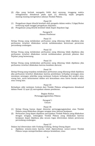 9
(2) Jika yang berhak mengadu lebih dari seorang, tenggang waktu
sebagaimana dimaksud pada ayat (1) dihitung sejak pengadu
masing-masing mengetahui adanya Tindak Pidana.
Pasal 30
(1) Pengaduan dapat ditarik kembali oleh pengadu dalam waktu 3 (tiga) Bulan
terhitung sejak tanggal pengaduan diajukan.
(2) Pengaduan yang ditarik kembali tidak dapat diajukan lagi.
Paragraf 8
Alasan Pembenar
Pasal 31
Setiap Orang yang melakukan perbuatan yang dilarang tidak dipidana jika
perbuatan tersebut dilakukan untuk melaksanakan ketentuan peraturan
perundang-undangan.
Pasal 32
Setiap Orang yang melakukan perbuatan yang dilarang tidak dipidana jika
perbuatan tersebut dilakukan untuk melaksanakan perintah jabatan dari
Pejabat yang berwenang.
Pasal 33
Setiap Orang yang melakukan perbuatan yang dilarang tidak dipidana jika
perbuatan tersebut dilakukan karena keadaan darurat.
Pasal 34
Setiap Orang yang terpaksa melakukan perbuatan yang dilarang tidak dipidana
jika perbuatan tersebut dilakukan karena pembelaan terhadap serangan atau
ancaman serangan seketika yang melawan hukum terhadap diri sendiri atau
orang lain, serta kehormatan dalam arti kesusilaan atau harta benda sendiri
atau orang lain.
Pasal 35
Ketiadaan sifat melawan hukum dari Tindak Pidana sebagaimana dimaksud
dalam Pasal 12 ayat (2) merupakan alasan pembenar.
Bagian Kedua
Pertanggungjawaban Pidana
Paragraf 1
Umum
Pasal 36
(1) Setiap Orang hanya dapat dimintai pertanggungjawaban atas Tindak
Pidana yang dilakukan dengan sengaja atau karena kealpaan.
(2) Perbuatan yang dapat dipidana merupakan Tindak Pidana yang dilakukan
dengan sengaja, sedangkan Tindak Pidana yang dilakukan karena
kealpaan dapat dipidana jika secara tegas ditentukan dalam peraturan
perundang-undangan.
Pasal 37
Dalam hal ditentukan oleh Undang-Undang, Setiap Orang dapat:
a. dipidana semata-mata karena telah dipenuhinya unsur-unsur Tindak
Pidana tanpa memperhatikan adanya kesalahan; atau
 