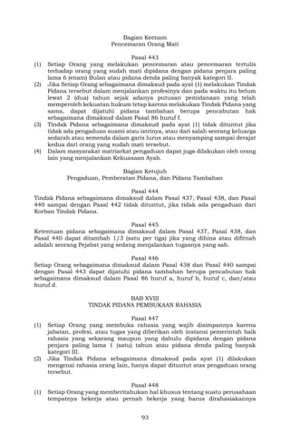 93
Bagian Keenam
Pencemaran Orang Mati
Pasal 443
(1) Setiap Orang yang melakukan pencemaran atau pencemaran tertulis
terhadap orang yang sudah mati dipidana dengan pidana penjara paling
lama 6 (enam) Bulan atau pidana denda paling banyak kategori II.
(2) Jika Setiap Orang sebagaimana dimaksud pada ayat (1) melakukan Tindak
Pidana tersebut dalam menjalankan profesinya dan pada waktu itu belum
lewat 2 (dua) tahun sejak adanya putusan pemidanaan yang telah
memperoleh kekuatan hukum tetap karena melakukan Tindak Pidana yang
sama, dapat dijatuhi pidana tambahan berupa pencabutan hak
sebagaimana dimaksud dalam Pasal 86 huruf f.
(3) Tindak Pidana sebagaimana dimaksud pada ayat (1) tidak dituntut jika
tidak ada pengaduan suami atau istrinya, atau dari salah seorang keluarga
sedarah atau semenda dalam garis lurus atau menyamping sampai derajat
kedua dari orang yang sudah mati tersebut.
(4) Dalam masyarakat matriarkat pengaduan dapat juga dilakukan oleh orang
lain yang menjalankan Kekuasaan Ayah.
Bagian Ketujuh
Pengaduan, Pemberatan Pidana, dan Pidana Tambahan
Pasal 444
Tindak Pidana sebagaimana dimaksud dalam Pasal 437, Pasal 438, dan Pasal
440 sampai dengan Pasal 442 tidak dituntut, jika tidak ada pengaduan dari
Korban Tindak Pidana.
Pasal 445
Ketentuan pidana sebagaimana dimaksud dalam Pasal 437, Pasal 438, dan
Pasal 440 dapat ditambah 1/3 (satu per tiga) jika yang dihina atau difitnah
adalah seorang Pejabat yang sedang menjalankan tugasnya yang sah.
Pasal 446
Setiap Orang sebagaimana dimaksud dalam Pasal 438 dan Pasal 440 sampai
dengan Pasal 443 dapat dijatuhi pidana tambahan berupa pencabutan hak
sebagaimana dimaksud dalam Pasal 86 huruf a, huruf b, huruf c, dan/atau
huruf d.
BAB XVIII
TINDAK PIDANA PEMBUKAAN RAHASIA
Pasal 447
(1) Setiap Orang yang membuka rahasia yang wajib disimpannya karena
jabatan, profesi, atau tugas yang diberikan oleh instansi pemerintah baik
rahasia yang sekarang maupun yang dahulu dipidana dengan pidana
penjara paling lama 1 (satu) tahun atau pidana denda paling banyak
kategori III.
(2) Jika Tindak Pidana sebagaimana dimaksud pada ayat (1) dilakukan
mengenai rahasia orang lain, hanya dapat dituntut atas pengaduan orang
tersebut.
Pasal 448
(1) Setiap Orang yang memberitahukan hal khusus tentang suatu perusahaan
tempatnya bekerja atau pernah bekerja yang harus dirahasiakannya
 