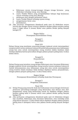 95
a. Kekerasan secara terang-terangan dengan tenaga bersama yang
dilakukan terhadap orang atau Barang;
b. suatu Tindak Pidana yang mengakibatkan bahaya bagi keamanan
umum terhadap orang atau Barang;
c. perkosaan atau dengan perbuatan cabul;
d. suatu Tindak Pidana terhadap nyawa orang;
e. penganiayaan berat; atau
f. pembakaran.
(2) Jika ancaman sebagaimana dimaksud pada ayat (1) dilakukan secara
tertulis dan dengan syarat tertentu dipidana dengan pidana penjara paling
lama 3 (tiga) tahun 6 (enam) Bulan atau pidana denda paling banyak
kategori IV.
Bagian Kedua
Perampasan Kemerdekaan Orang
Paragraf 1
Penculikan
Pasal 454
Setiap Orang yang membawa seseorang dengan maksud untuk menempatkan
orang tersebut secara melawan hukum di bawah kekuasaannya atau kekuasaan
orang lain atau untuk menempatkan orang tersebut dalam keadaan tidak
berdaya dipidana karena penculikan dengan pidana penjara paling lama 12 (dua
belas) tahun.
Paragraf 2
Penyanderaan
Pasal 455
Setiap Orang yang menahan orang dengan Kekerasan atau Ancaman Kekerasan
dengan maksud untuk menempatkan orang tersebut secara melawan hukum di
bawah kekuasaannya atau kekuasaan orang lain atau untuk menempatkan
orang tersebut dalam keadaan tidak berdaya dipidana karena penyanderaan,
dengan pidana penjara paling lama 12 (dua belas) tahun.
Bagian Ketiga
Perampasan Kemerdekaan terhadap Anak dan Perempuan
Paragraf 1
Pengalihan Kekuasaan
Pasal 456
(1) Setiap Orang yang menarik Anak dari kekuasaan sesuai dengan ketentuan
peraturan perundang-undangan yang ditentukan atas dirinya atau dari
pengawasan orang yang berwenang untuk itu dipidana dengan pidana
penjara paling lama 6 (enam) tahun atau pidana denda paling banyak
kategori IV.
(2) Jika perbuatan sebagaimana dimaksud pada ayat (1) dilakukan dengan
tipu muslihat, Kekerasan atau Ancaman Kekerasan, atau terhadap anak
yang belum berumur 12 (dua belas) tahun dipidana dengan pidana penjara
paling lama 8 (delapan) tahun atau pidana denda paling banyak kategori
V.
 
