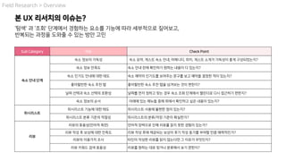 Field Research > Overview
위시리스트
위시리스트 기능에 대한 태도 위시리스트 사용에 불편한 점이 있는지?
위시리스트 분류 기준의 적절성 위시리스트의 분류/저장 기준이 확실한가?
리뷰
리뷰의 효용성(언어적 측면) 언어적 장벽으로 인해 리뷰를 읽지 못한 경험이 있는가?
리뷰 작성 후 보상에 대한 만족도 리뷰 작성 후에 제공되는 보상이 후기 작성 동기를 부여할 만큼 매력적인가?
리뷰의 이용가치 조사 타인이 작성한 리뷰를 읽지 않는다면 그 이유가 무엇인지?
리뷰 키워드 검색 효용성 리뷰를 원하는 대로 찾거나 분류해서 보기 편한지?
Sub Category 이슈 Check Point
숙소 안내 단계
숙소 정보의 가독성 숙소 요약, 게스트 숙소 안내, 어메니티, 위치, 게스트 소개가 가독성이 좋게 구성되었는지?
숙소 정보 만족도 숙소 안내 란에 확인하기 원하는 내용이 다 있는지?
숙소 인기도 안내에 대한 태도 숙소 예약의 인기도를 보여주는 문구를 보고 예약을 결정한 적이 있는지?
좋아할만한 숙소 추천 탭 좋아할만한 숙소 추천 탭을 넘겨보는 것이 편한지?
날짜 선택과 숙소 선택의 호환성 날짜를 먼저 정하고 찾는 경우 숙소 조회 단계에서 캘린더로 다시 접근하기 편한지?
숙소 정보의 순서 아래에 있는 메뉴들 중에 위에서 확인하고 싶은 내용이 있는지?
‘탐색' 과 ‘조회' 단계에서 경험하는 요소를 기능에 따라 세부적으로 짚어보고,
반복되는 과정을 도와줄 수 있는 방안 고민
본 UX 리서치의 이슈는?
 
