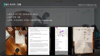 필드 리서치 : 진행 여행가이드 트리플 UXUI 개선
● 필드 리서치 기간 : 2019.06.05 ~ 06.15
● 참여 인원 : 8명
● 자료 : 녹취(녹음본, 녹취록), 이용흐름 녹화, Cognitive map
 