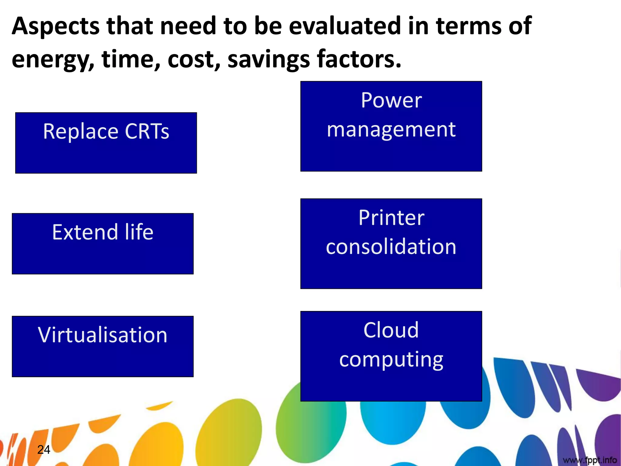 Aspects that need to be evaluated in terms of
energy, time, cost, savings factors.
                             Power
  Replace CRTs             management


                              Printer
       Extend life
                           consolidation


  Virtualisation              Cloud
                            computing


  24
 