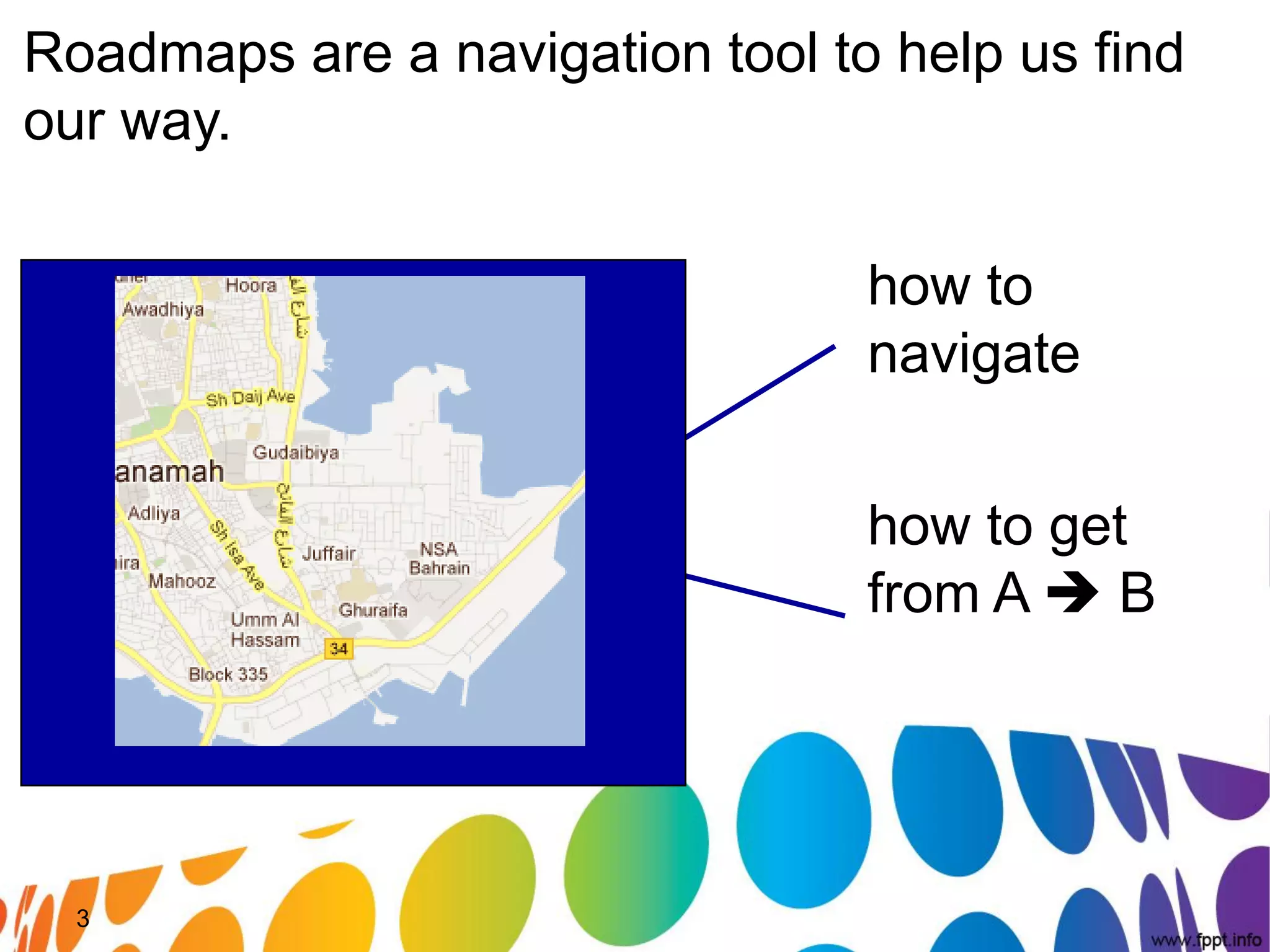 Roadmaps are a navigation tool to help us find
our way.

                                 how to
                                 navigate


                                 how to get
                                 from A  B




  3
 