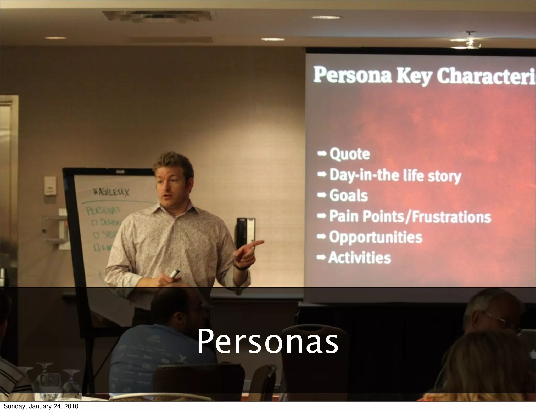 Agile	
  User	
  Experience:	
  Two	
  Tales	
  and	
  a	
  Conversa9on	
  	
  	
  	
  	
  	
  	
  	
  	
  	
  	
  	
  	
  	
  	
  	
  	
  	
  	
  	
  	
  	
  	
  	
  	
  	
  	
  	
  	
  	
  	
  	
  	
  	
  	
  	
  	
  	
  	
  	
  	
  	
  	
  	
  	
  	
  	
  	
  	
  	
  	
  	
  	
  	
  	
  	
  	
  	
  	
  	
  	
  	
  	
  	
  	
  	
  	
  	
  	
  	
  	
  	
  	
  	
  	
  	
  	
  	
  RUX	
  +	
  AgileRichmond	
  –	
  January	
  10,	
  2010




                                                                                                                                                              Personas
Sunday, January 24, 2010
 