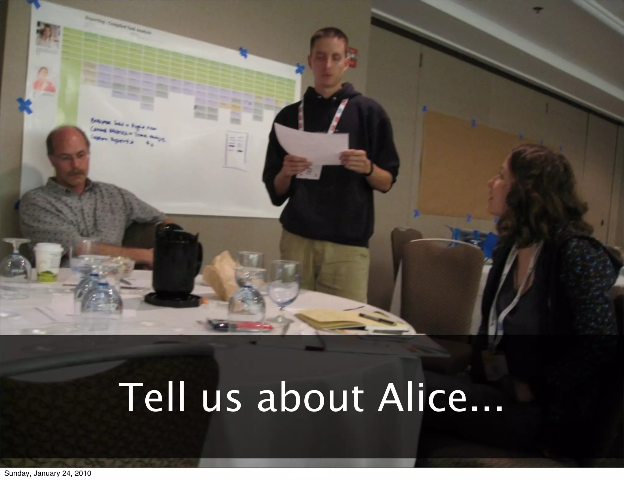 Agile	
  User	
  Experience:	
  Two	
  Tales	
  and	
  a	
  Conversa9on	
  	
  	
  	
  	
  	
  	
  	
  	
  	
  	
  	
  	
  	
  	
  	
  	
  	
  	
  	
  	
  	
  	
  	
  	
  	
  	
  	
  	
  	
  	
  	
  	
  	
  	
  	
  	
  	
  	
  	
  	
  	
  	
  	
  	
  	
  	
  	
  	
  	
  	
  	
  	
  	
  	
  	
  	
  	
  	
  	
  	
  	
  	
  	
  	
  	
  	
  	
  	
  	
  	
  	
  	
  	
  	
  	
  	
  	
  RUX	
  +	
  AgileRichmond	
  –	
  January	
  10,	
  2010




                                                                             Tell us about Alice...
Sunday, January 24, 2010
 