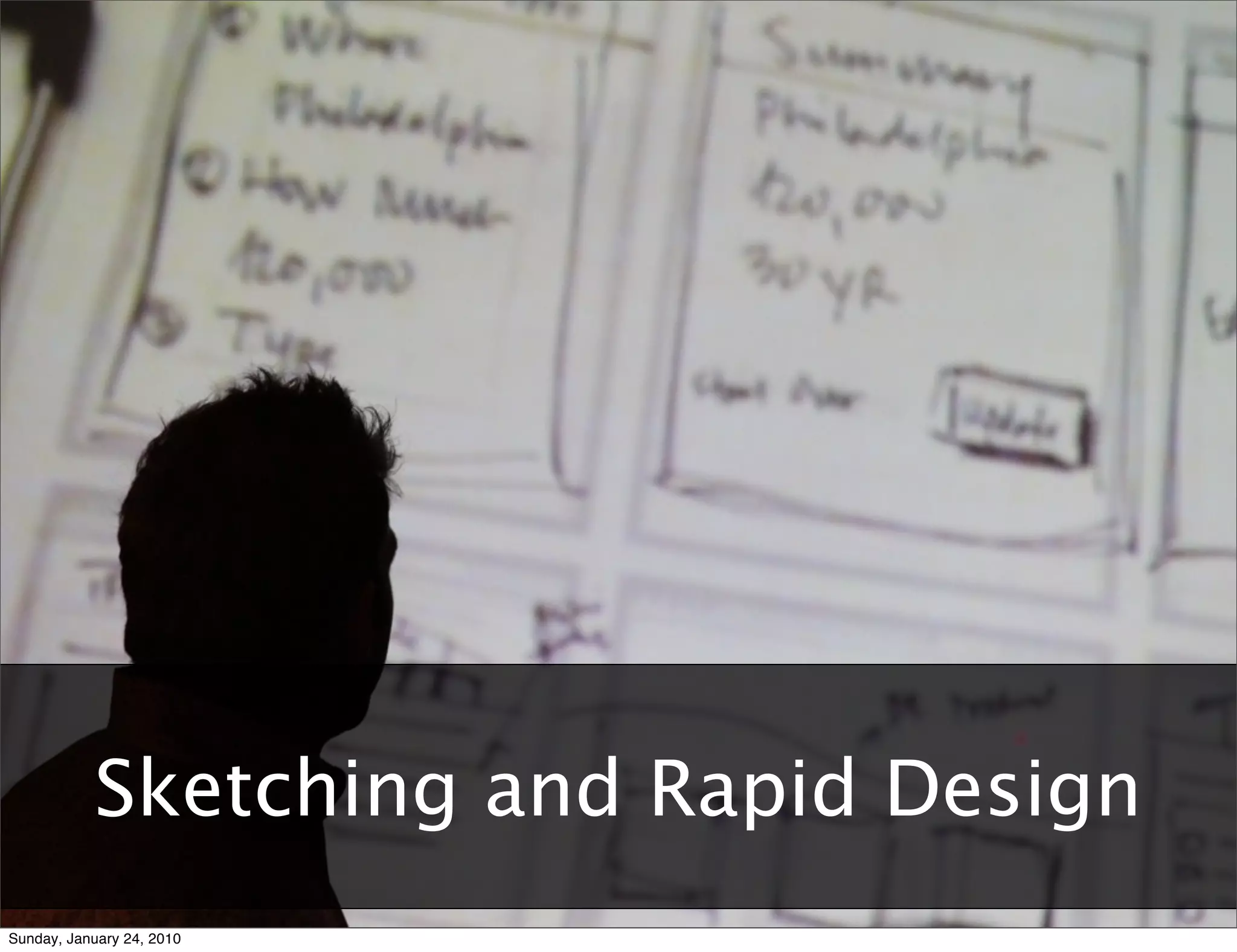 Agile	
  User	
  Experience:	
  Two	
  Tales	
  and	
  a	
  Conversa9on	
  	
  	
  	
  	
  	
  	
  	
  	
  	
  	
  	
  	
  	
  	
  	
  	
  	
  	
  	
  	
  	
  	
  	
  	
  	
  	
  	
  	
  	
  	
  	
  	
  	
  	
  	
  	
  	
  	
  	
  	
  	
  	
  	
  	
  	
  	
  	
  	
  	
  	
  	
  	
  	
  	
  	
  	
  	
  	
  	
  	
  	
  	
  	
  	
  	
  	
  	
  	
  	
  	
  	
  	
  	
  	
  	
  	
  	
  RUX	
  +	
  AgileRichmond	
  –	
  January	
  10,	
  2010




                        Sketching and Rapid Design
Sunday, January 24, 2010
 