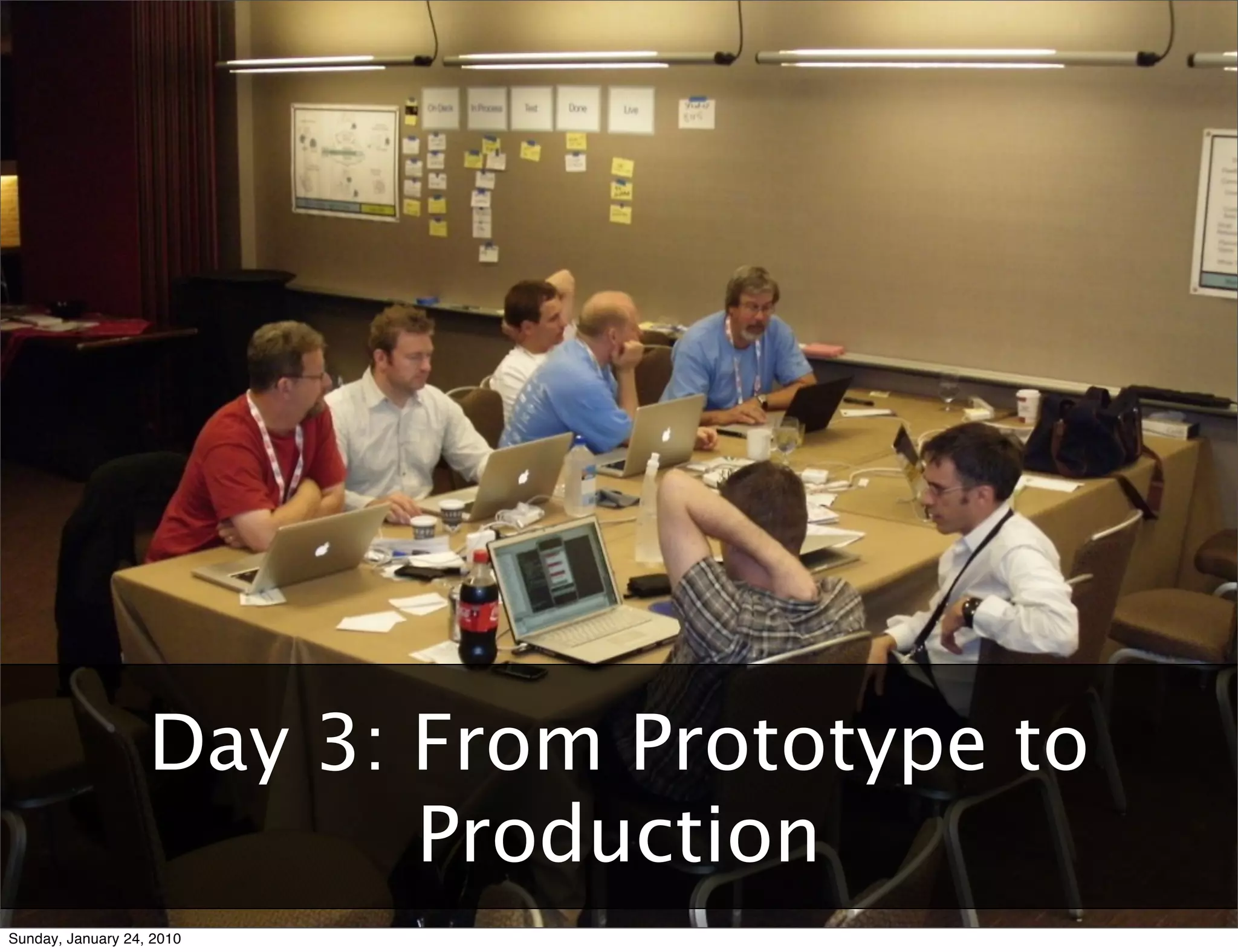 Agile	
  User	
  Experience:	
  Two	
  Tales	
  and	
  a	
  Conversa9on	
  	
  	
  	
  	
  	
  	
  	
  	
  	
  	
  	
  	
  	
  	
  	
  	
  	
  	
  	
  	
  	
  	
  	
  	
  	
  	
  	
  	
  	
  	
  	
  	
  	
  	
  	
  	
  	
  	
  	
  	
  	
  	
  	
  	
  	
  	
  	
  	
  	
  	
  	
  	
  	
  	
  	
  	
  	
  	
  	
  	
  	
  	
  	
  	
  	
  	
  	
  	
  	
  	
  	
  	
  	
  	
  	
  	
  	
  RUX	
  +	
  AgileRichmond	
  –	
  January	
  10,	
  2010




                                            Day 3: From Prototype to
                                                   Production
Sunday, January 24, 2010
 