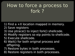 How to force a process to
            fork ?

1) Find a +X location mapped in memory.
2) Save registers
3) Use ptrace() to inject fork() shellcode.
4) Modify registers so eip points to shellcode.
5) Execute shellcode.
6) Wait() for both original process and
  offspring.
7) Restore bytes in both processes.
8) Restore registers in both processes.
 