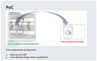 PoC




                                            http://evil.tld/slurp_dom.php
  view-source:https://www.facebook.com


Two components at play here:

1.  view-source: URI
2.  cross-domain drag-n-drop capabilities
 