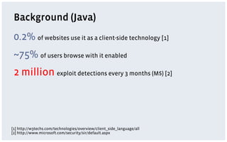 Background (Java)
 0.2% of websites use it as a client-side technology [1]
 ~75% of users browse with it enabled
 2 million exploit detections every 3 months (M$) [2]




[1] http://w3techs.com/technologies/overview/client_side_language/all
[2] http://www.microsoft.com/security/sir/default.aspx
 