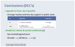 Conclusions (DCC’s)
▪  Upgrade        to Vista+ x64 if possible
 ▪    Stronger hashes and less x64 support in public tools
        os                   algorithm                                 crack-time

        XP                  h1 = MD4(user+ MD4(pass))                  0 -> 81 days


        Vista+
                            h2 = PBKDF2_SHA1 (                             0 -> ?
                             10240 /* iterations */, h1, user)   (intelligent brute forcing)


▪  Disable       (or reduce #) cached credentials [1]
 ▪    See CachedLogonsCount:
 ▪    Win2k8 = 25, XP/Win7/… = 10 [2]

 [1] http://support.microsoft.com/kb/172931
 [2] http://support.microsoft.com/kb/911605
 