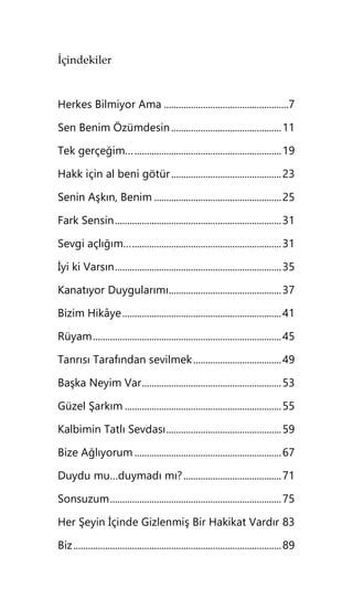 İçindekiler
Herkes Bilmiyor Ama ...................................................7
Sen Benim Özümdesin.............................................11
Tek gerçeğim…............................................................19
Hakk için al beni götür.............................................23
Senin Aşkın, Benim ....................................................25
Fark Sensin....................................................................31
Sevgi açlığım….............................................................31
İyi ki Varsın....................................................................35
Kanatıyor Duygularımı..............................................37
Bizim Hikâye.................................................................41
Rüyam.............................................................................45
Tanrısı Tarafından sevilmek....................................49
Başka Neyim Var.........................................................53
Güzel Şarkım ................................................................55
Kalbimin Tatlı Sevdası...............................................59
Bize Ağlıyorum ............................................................67
Duydu mu…duymadı mı?........................................71
Sonsuzum......................................................................75
Her Şeyin İçinde Gizlenmiş Bir Hakikat Vardır 83
Biz.....................................................................................89
 