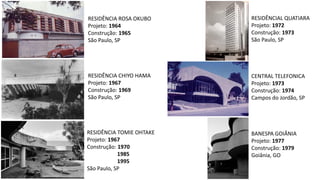 RESIDÊNCIA ROSA OKUBO
Projeto: 1964
Construção: 1965
São Paulo, SP
RESIDÊNCIA CHIYO HAMA
Projeto: 1967
Construção: 1969
São Paulo, SP
RESIDÊNCIA TOMIE OHTAKE
Projeto: 1967
Construção: 1970
1985
1995
São Paulo, SP
CENTRAL TELEFONICA
Projeto: 1973
Construção: 1974
Campos do Jordão, SP
RESIDÊNCIAL QUATIARA
Projeto: 1972
Construção: 1973
São Paulo, SP
BANESPA GOIÂNIA
Projeto: 1977
Construção: 1979
Goiânia, GO
 