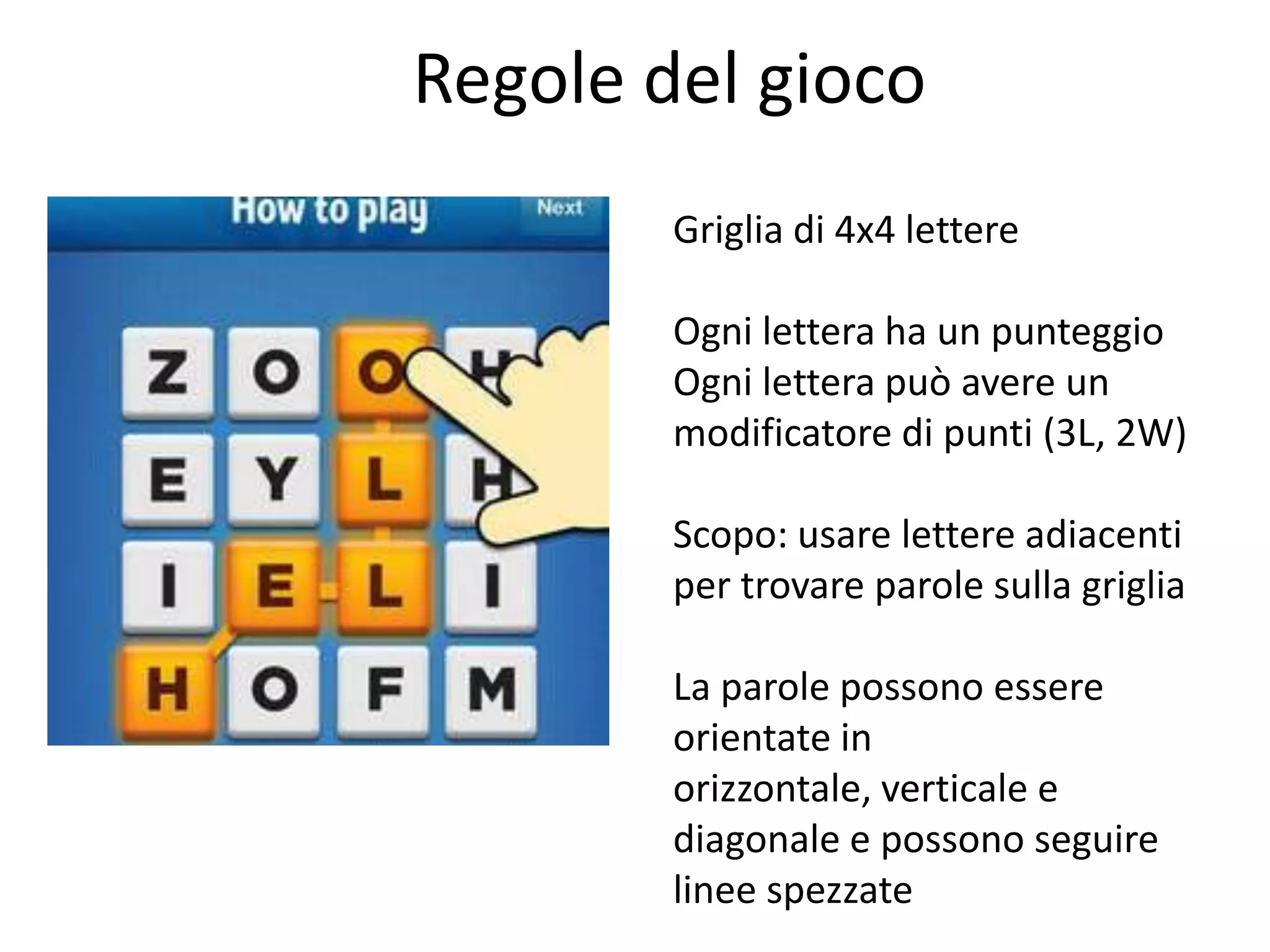 Regole del gioco
              Porta iPad
        Griglia di 4x4 lettere

        Ogni lettera ha un punteggio
        Ogni lettera può avere un
        modificatore di punti (3L, 2W)

        Scopo: usare lettere adiacenti
        per trovare parole sulla griglia

        La parole possono essere
        orientate in
        orizzontale, verticale e
        diagonale e possono seguire
        linee spezzate
 