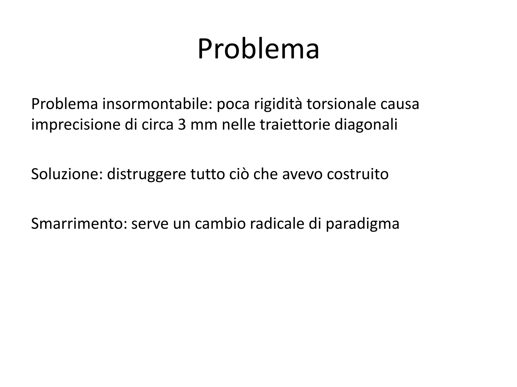 Problema
Problema insormontabile: poca rigidità torsionale causa
imprecisione di circa 3 mm nelle traiettorie diagonali

Soluzione: distruggere tutto ciò che avevo costruito

Smarrimento: serve un cambio radicale di paradigma
 