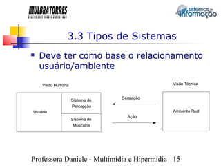 3.3 Tipos de Sistemas
   Deve ter como base o relacionamento
    usuário/ambiente

    Visão Humana                            Visão Técnica


                                Sensação
                   Sistema de
                   Percepção
Usuário                                     Ambiente Real
                                  Ação
                   Sistema de
                   Músculos




Professora Daniele - Multimídia e Hipermídia 15
 