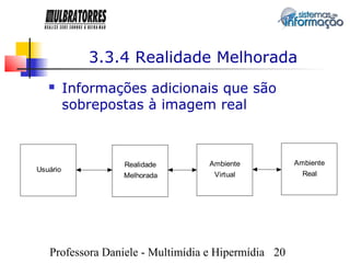 3.3.4 Realidade Melhorada
         Informações adicionais que são
          sobrepostas à imagem real



                  Realidade       Ambiente           Ambiente
Usuário
                  Melhorada        Virtual             Real




   Professora Daniele - Multimídia e Hipermídia 20
 