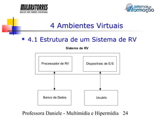 4 Ambientes Virtuais
   4.1 Estrutura de um Sistema de RV
                       Sistema de RV



        Processador de RV         Dispositivos de E/S




         Banco de Dados                 Usuário




Professora Daniele - Multimídia e Hipermídia 24
 